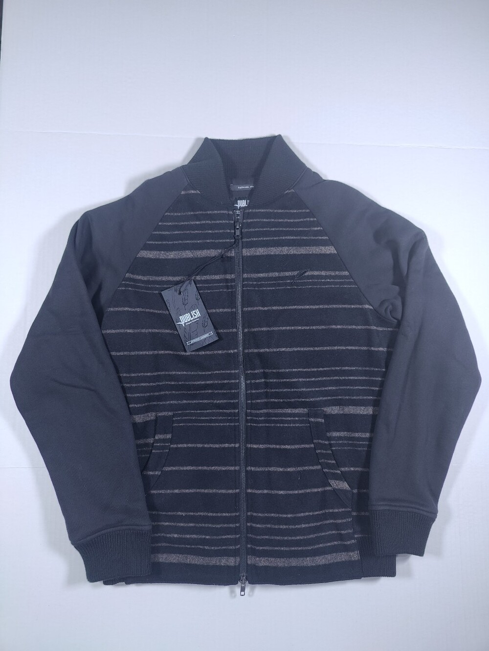 NWT Publish Mens Black Beige Wool Blend Full Zip Blitz Bomber Jacket Size L